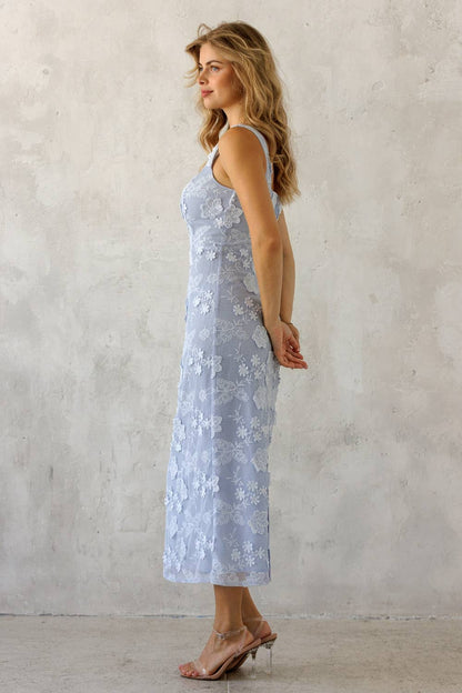 JD10058-1 - FLORAL LACE MIDI DRESS: BLUE FLORAL / S