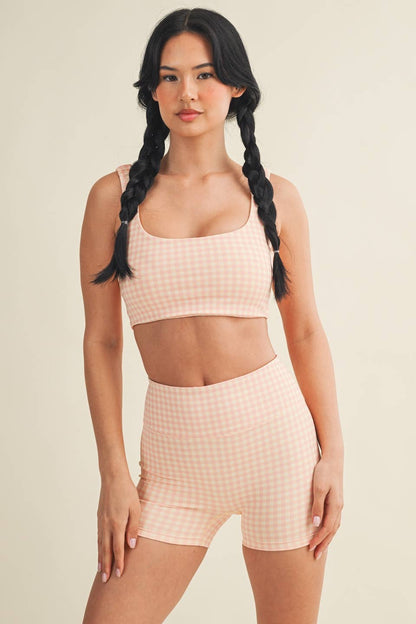 Gingham Print Ruched Bra Top: Peach Gingham / S