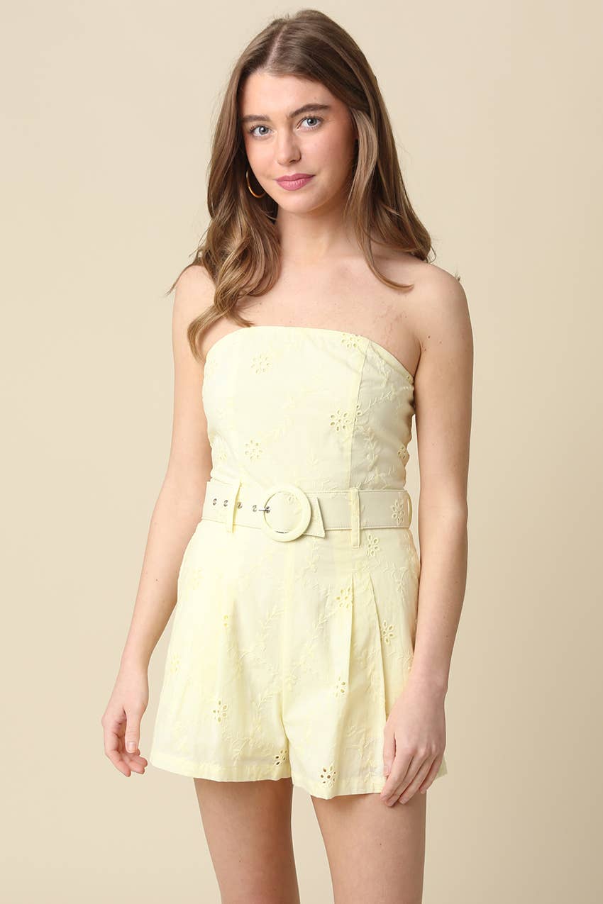 Kaya Strapless Belted Romper: Butter / Contemporary / S