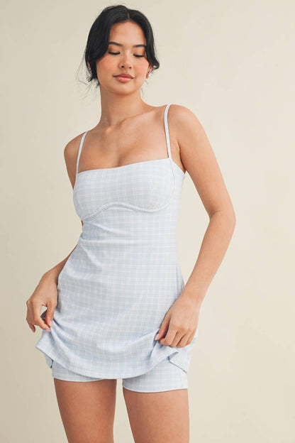 Plaid Print Sweetheart Dress : Blue / S