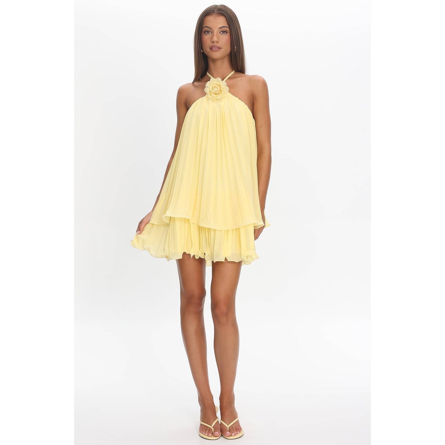 SLEEVELESS HALTER FLORAL PLEATED MINI DRESS: LEMON / XS-S-M-L(1-3-2-1)