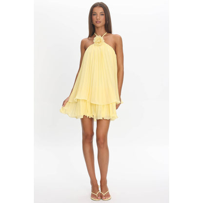 SLEEVELESS HALTER FLORAL PLEATED MINI DRESS: LEMON / XS-S-M-L(1-3-2-1)