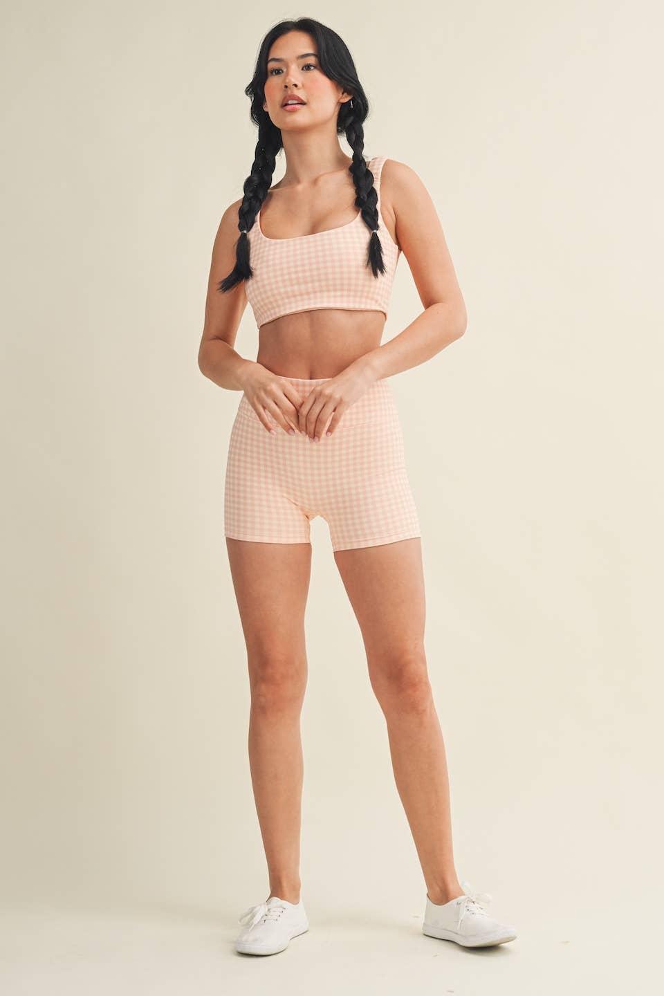 Gingham Print Ruched Bra Top: Pink Gingham SS26 / S