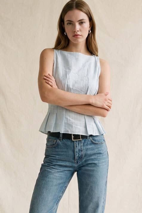 Tailored Pinstripe Sleeveless Peplum Top: WHT/BLUE / S