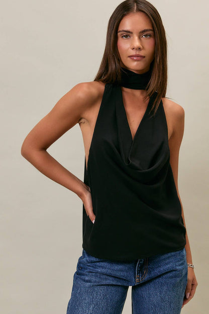 COWL NECK TOP WITH ATTACHED SCARF: LT PINK / XS