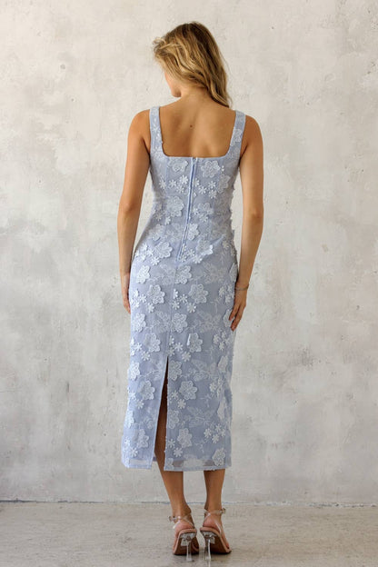JD10058-1 - FLORAL LACE MIDI DRESS: BLUE FLORAL / S
