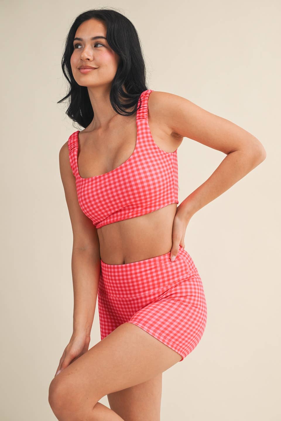Gingham Print Ruched Bra Top: Pink Gingham SS26 / S