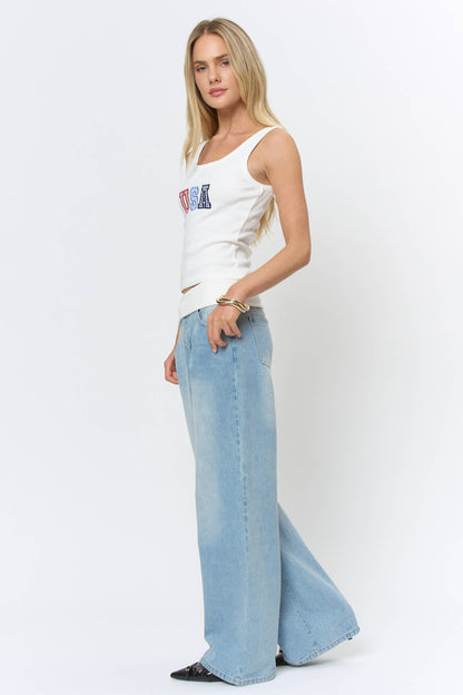 BKT1086C - APPLIQUE DETAILED RIB SLEEVELESS TOP: OFF WHITE / S-M-L (3-2-1)