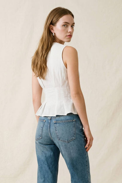 Tailored Pinstripe Sleeveless Peplum Top: WHT/BLUE / S