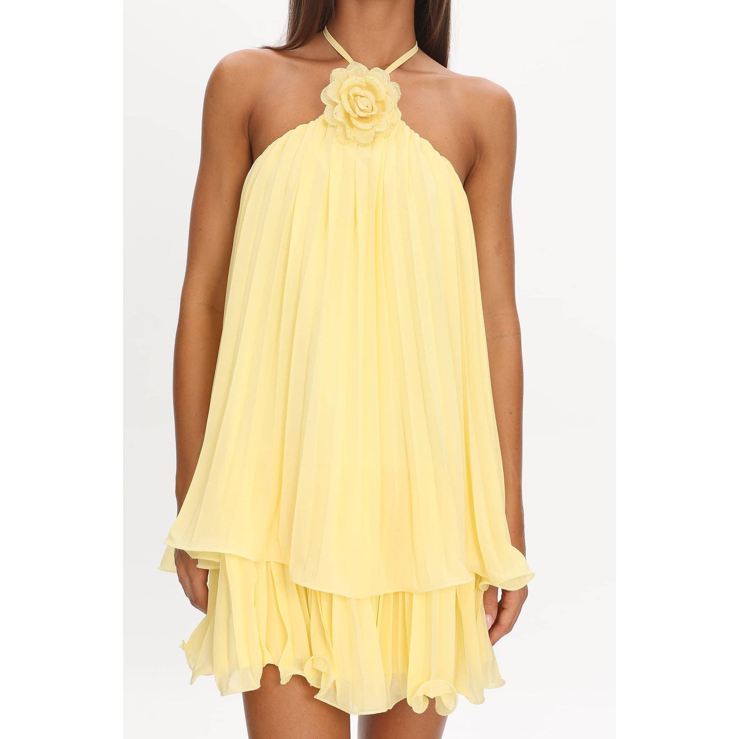 SLEEVELESS HALTER FLORAL PLEATED MINI DRESS: LEMON / XS-S-M-L(1-3-2-1)