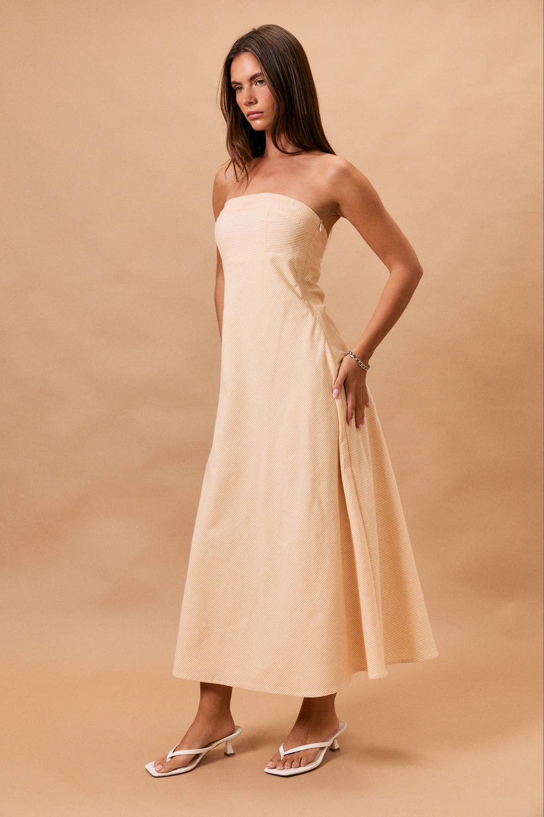 TUBE FLARE MIDI DRESS: WHITE-YELLOW STRIPE / XS