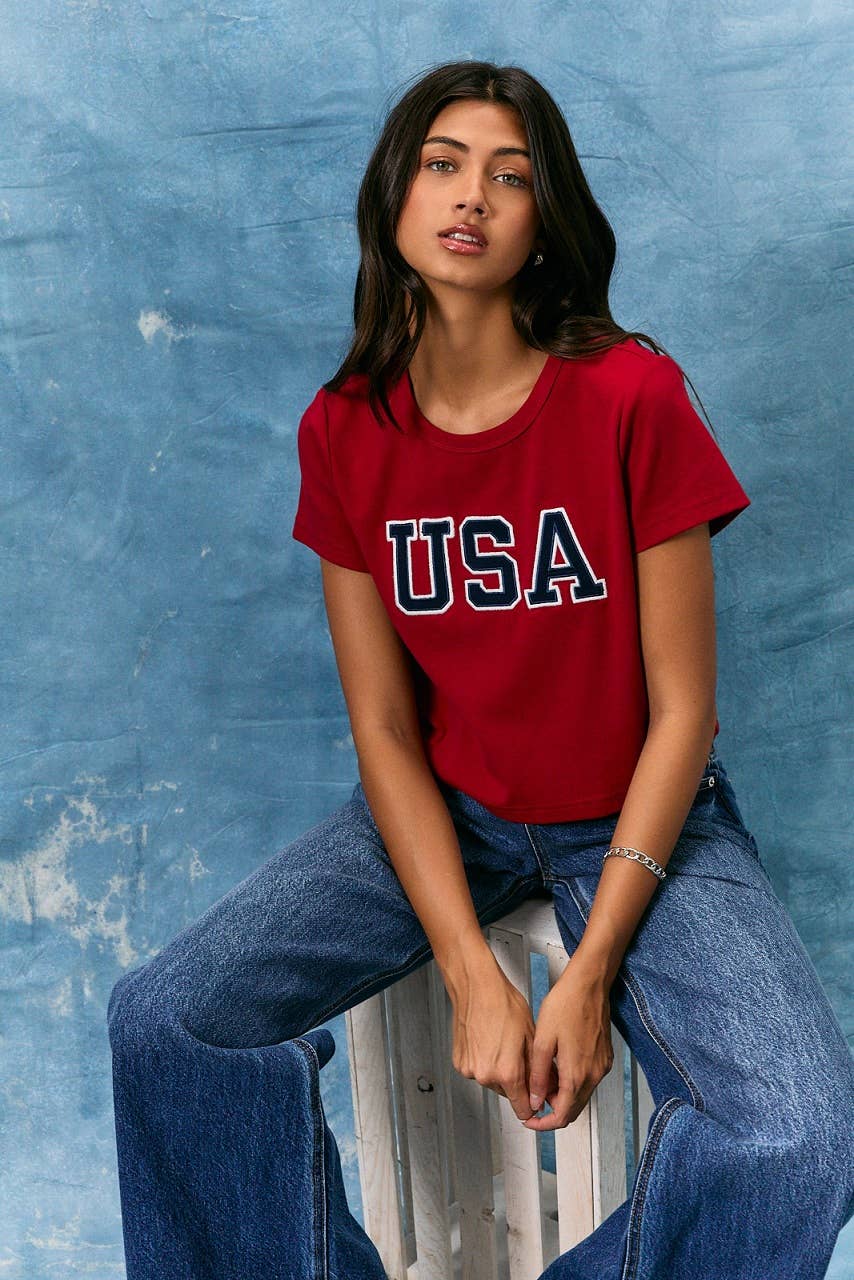 USA SHORT SLEEVE ROUND NECK BABY TEE: Red / XS