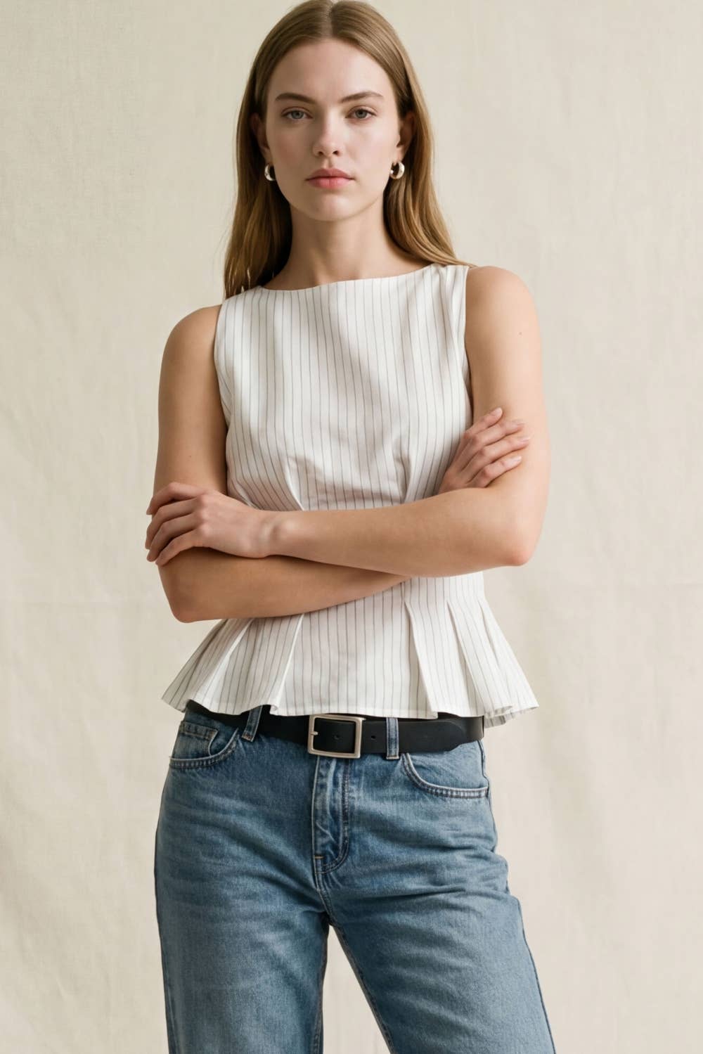 Tailored Pinstripe Sleeveless Peplum Top: WHT/BLUE / S
