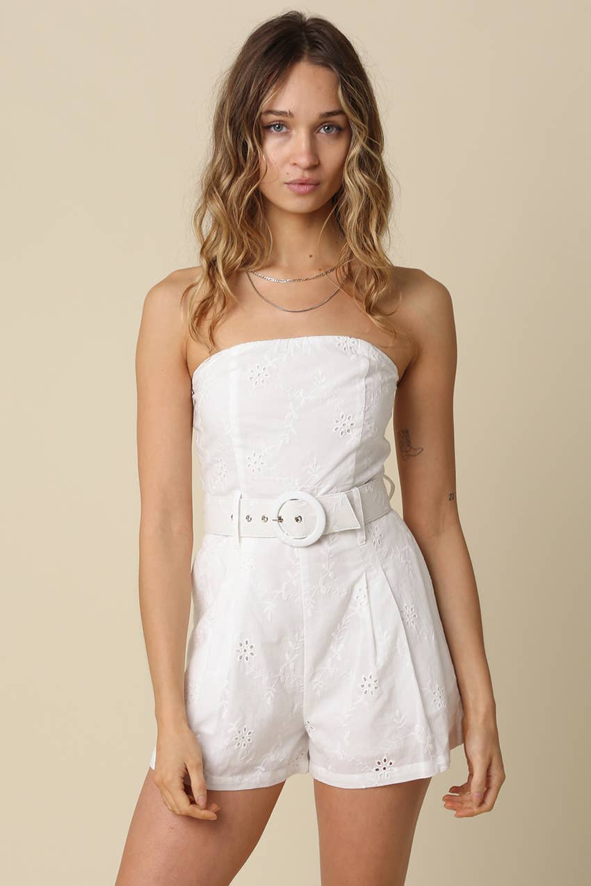Kaya Strapless Belted Romper: Butter / Contemporary / S