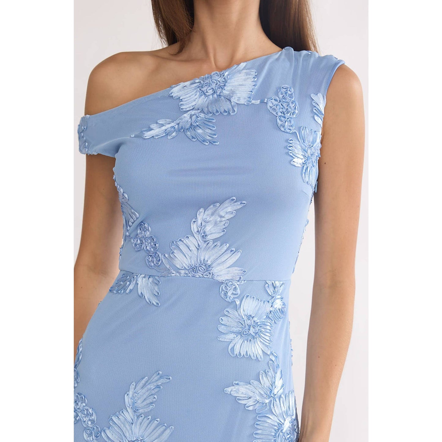 ASYMMETRICAL ONE SHOULDER FLORAL MAXI DRESS: BLUE / XS-S-M-L(1-3-2-1)