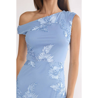 ASYMMETRICAL ONE SHOULDER FLORAL MAXI DRESS: BLUE / XS-S-M-L(1-3-2-1)