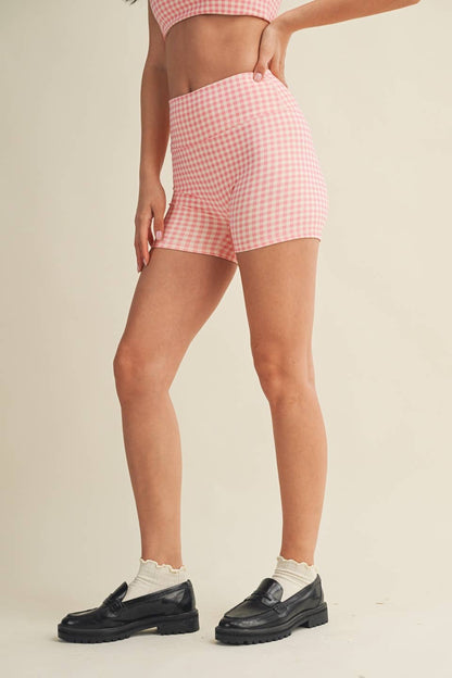 Gingham Print Biker Shorts: Peach Gingham / S