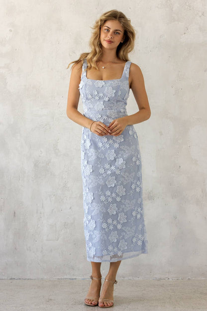 JD10058-1 - FLORAL LACE MIDI DRESS: BLUE FLORAL / S
