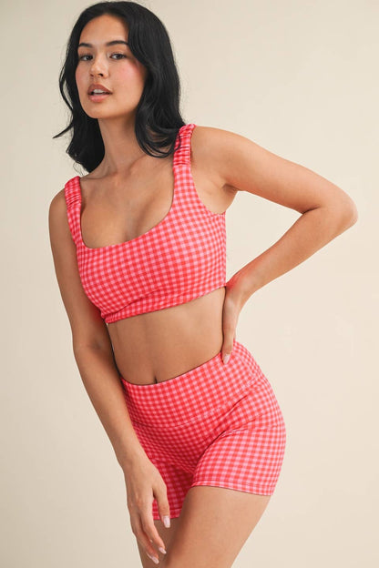 Gingham Print Ruched Bra Top: Peach Gingham / S