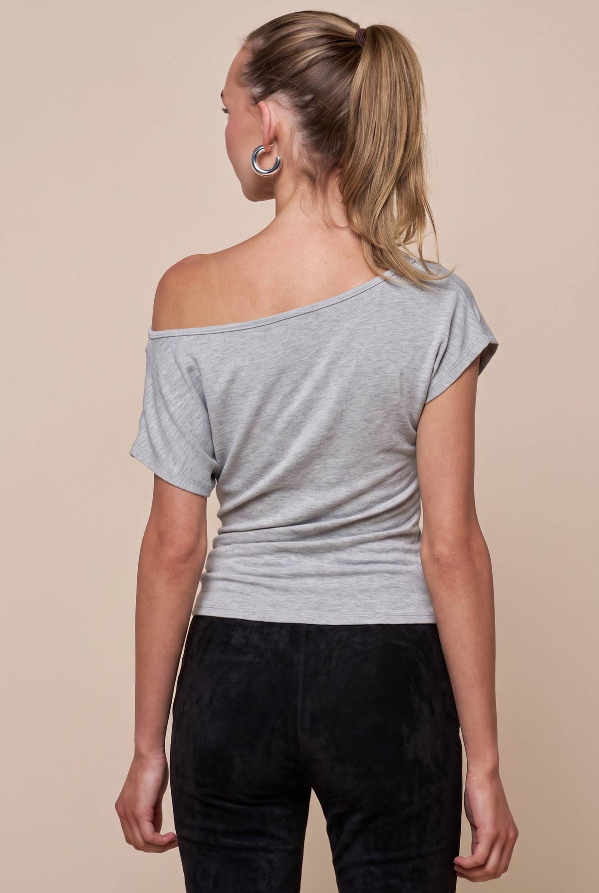Gathered Asymmetrical Off Shoulder Top: H Grey / S