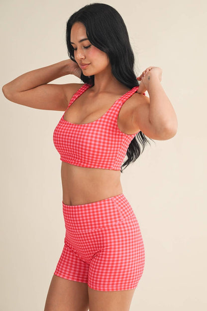 Gingham Print Ruched Bra Top: Peach Gingham / S
