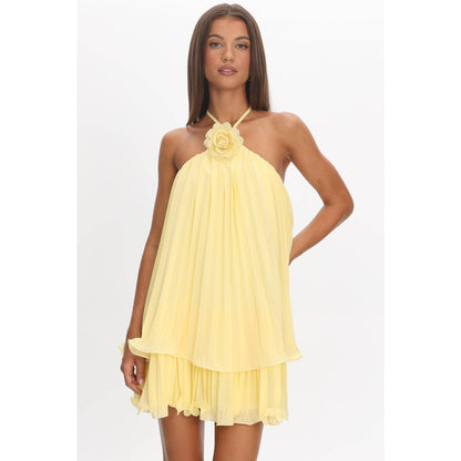 SLEEVELESS HALTER FLORAL PLEATED MINI DRESS: LEMON / XS-S-M-L(1-3-2-1)