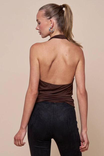 Halter Cowl Neck Top: Brown / S