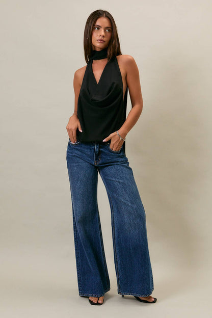 COWL NECK TOP WITH ATTACHED SCARF: LT PINK / XS