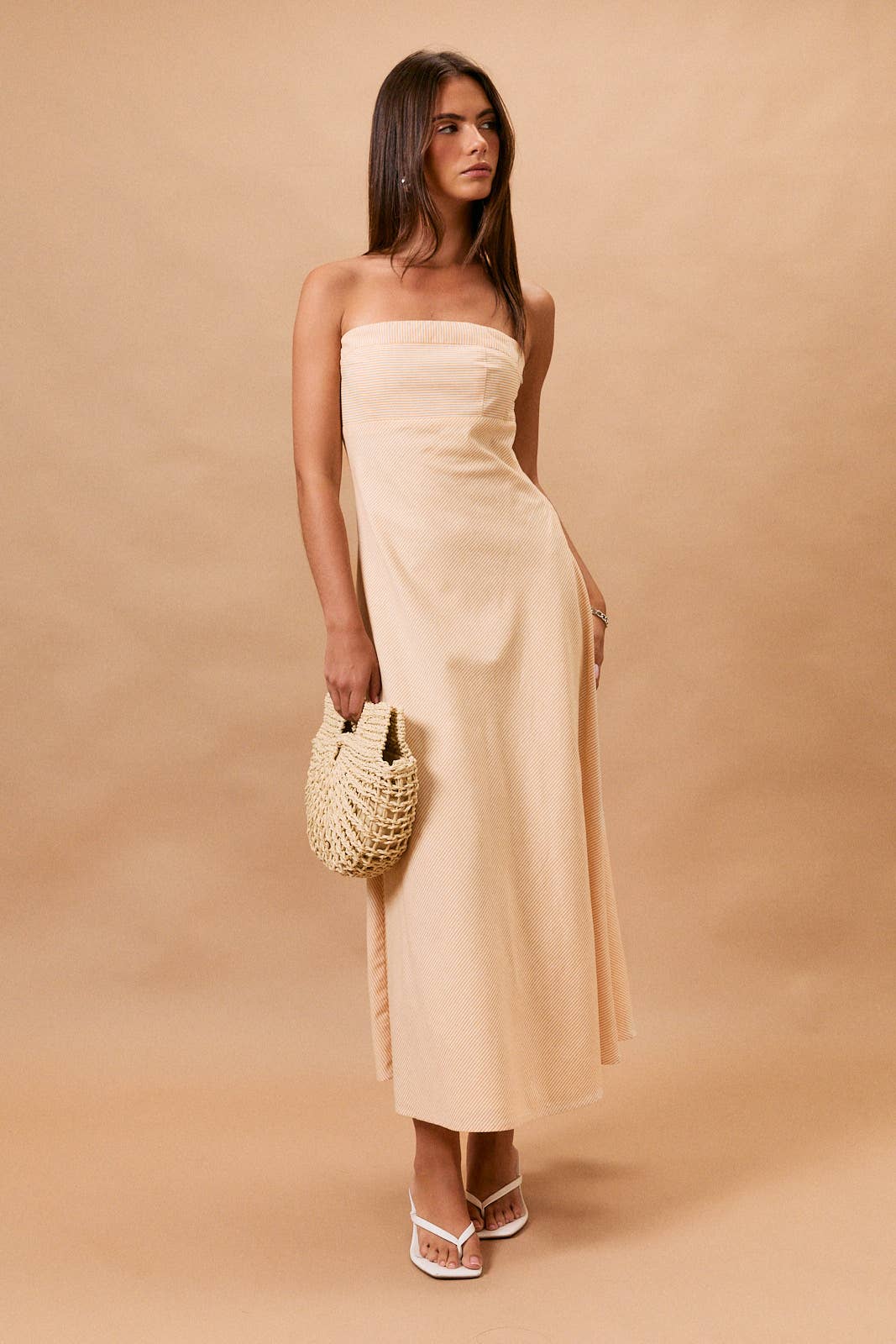 TUBE FLARE MIDI DRESS: WHITE-YELLOW STRIPE / XS